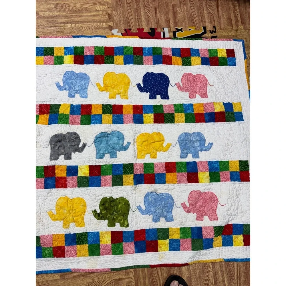 Handmade Elephant Patchwork Baby Quilt Colorful Nursery‎ Blanket 41x38 2017
